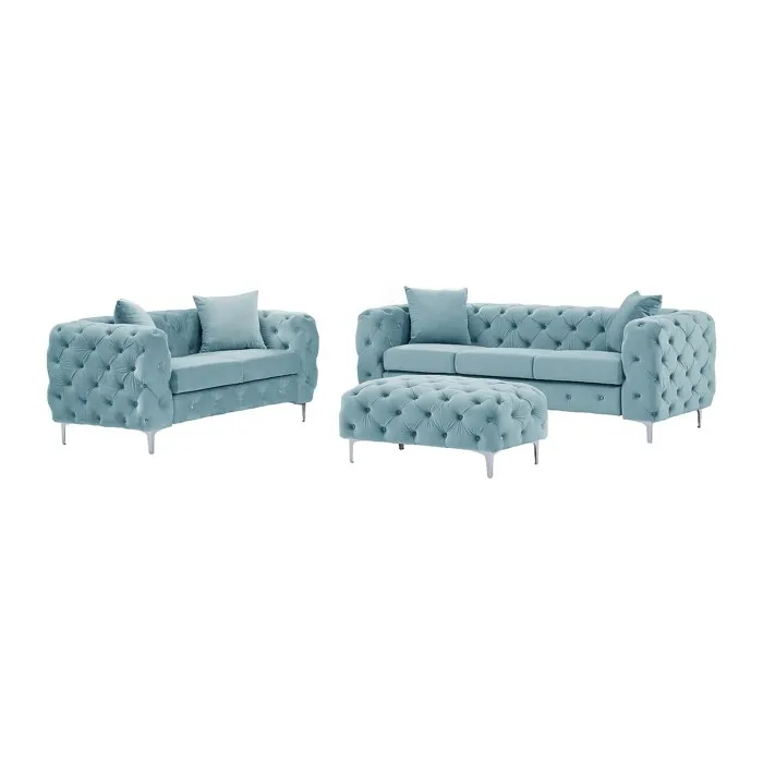 Canapé 3 places, 2 places et pouf chesterfield en velours bleu pastel EDWINA