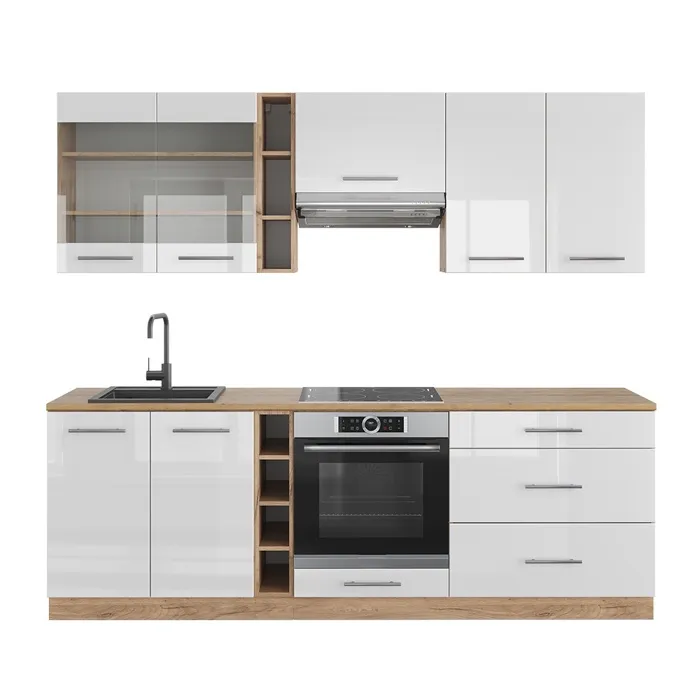 Vicco Cuisine Blanc brillant/Chêne doré 235cm sans PT