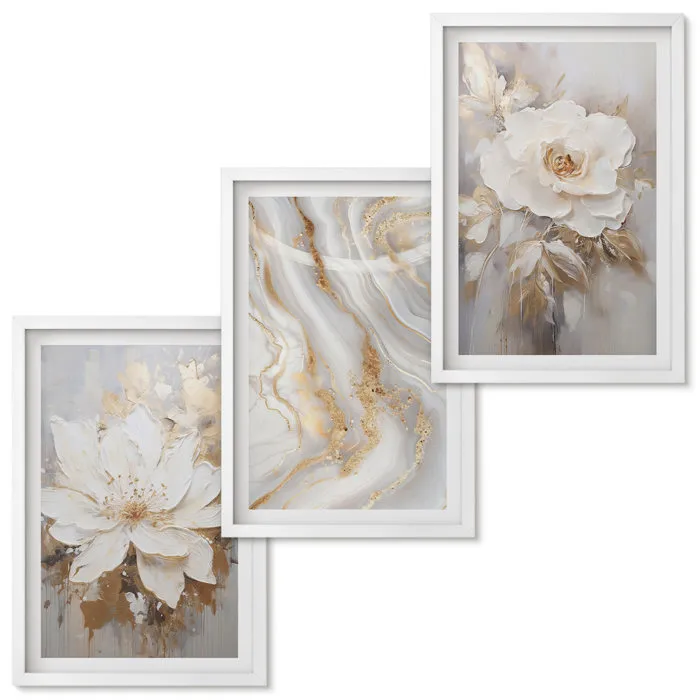 Lot de 3 Tableaux avec Cadre Blanc Tulup 40x60 cm Composition Murale Moderne pour Salon Fleurs abstraites marbre
