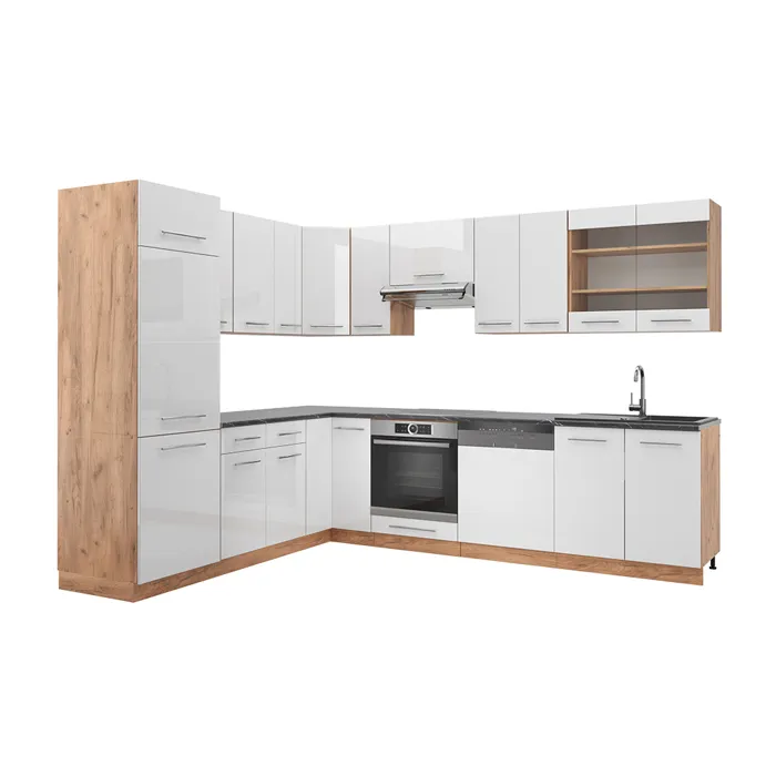 Vicco Cuisine en angle Blanc Haute brillance/Chêne de force doré 287 x 227 cm sans PT