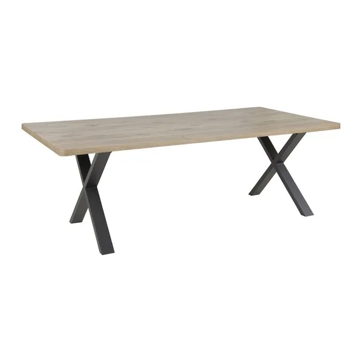 CANYON - Table Repas Coins Arrondis 200cm Aspect Bois Piètement X Métal Noir