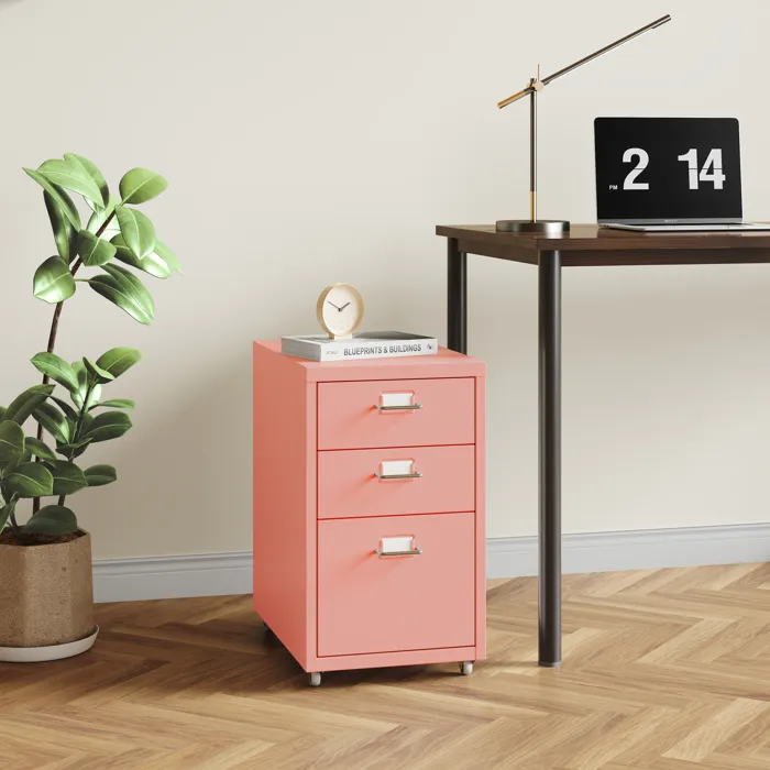 Caisson de bureau à roulettes Kökar acier 48 x 28 x 41 cm rose en.casa