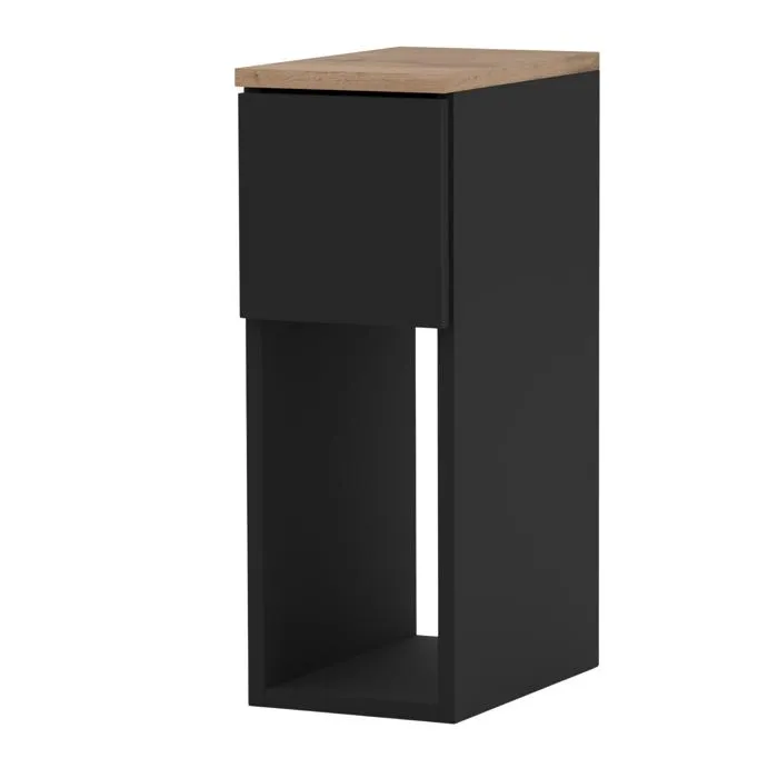Table De Chevet Noire Et Chêne Wotan, Étroite 20 Cm, Petite Table De Nuit Loft Compacte