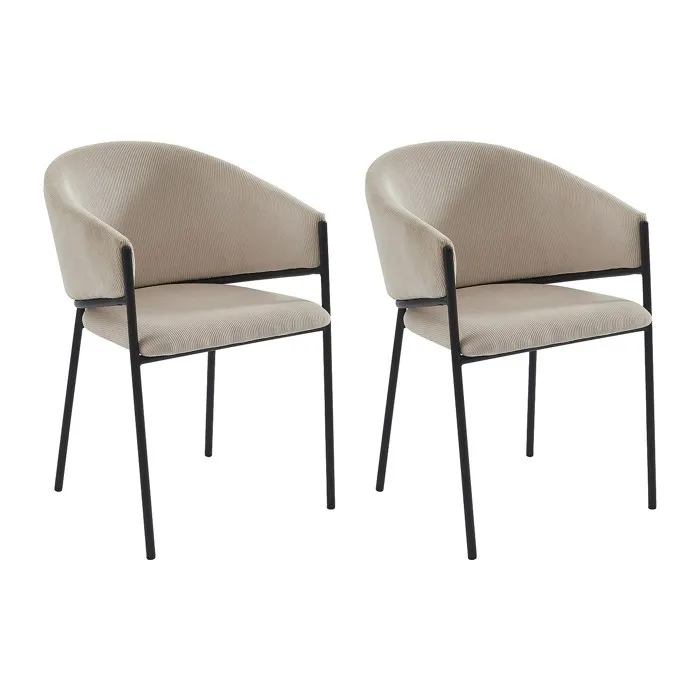 Lot de 2 chaises avec accoudoirs en velours côtelé et métal noir - Crème - ORDIDA
