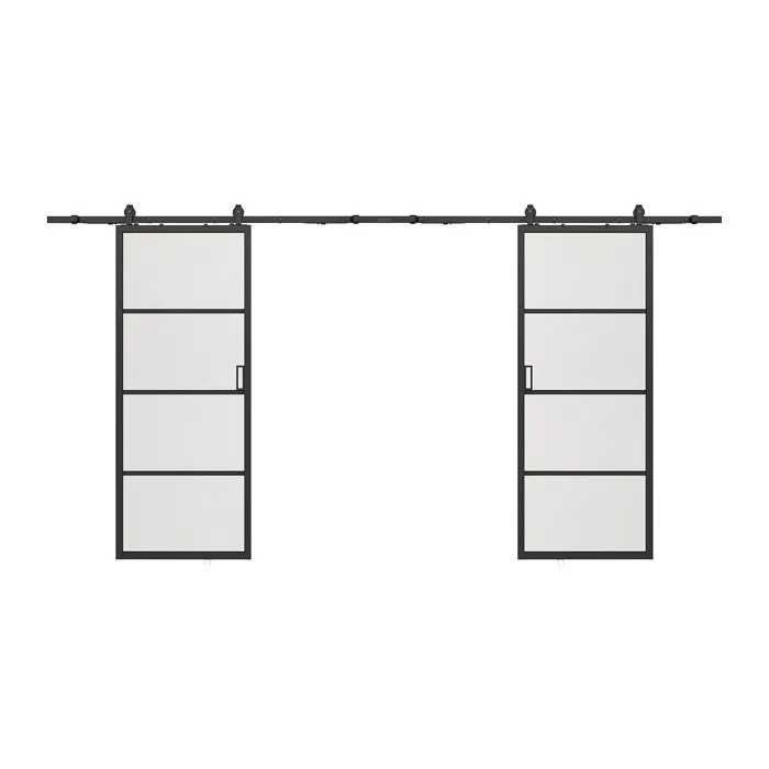 Porte coulissante double avec système en applique - aluminium et verre trempé dépoli - 2 x H205 x L83 cm - SINCA II