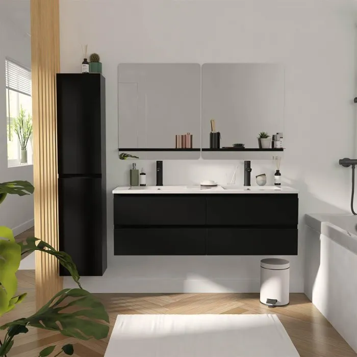 Meuble double vasque 120cm avec plan céramique SORRENTO Noir + miroir +colonne