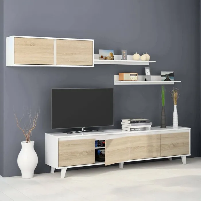Meuble Tv Effet Bois Beige, Blanc 200x41 Cm