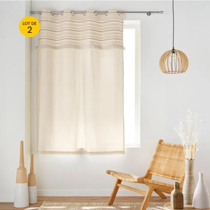 Lot de 2 Rideaux à Œillets Petite Hauteur 140 x 180 cm 100 % Coton Uni + Top Tissé à Franges Atlas Naturel