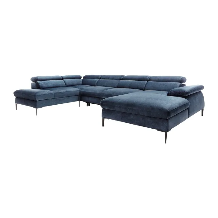 Grand canapé d'angle droit panoramique convertible en velours bleu nuit SEPINA