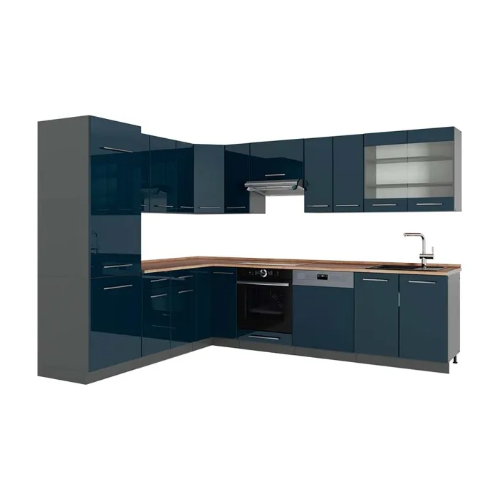 Vicco Cuisine en angle Bleu foncé brillant/Anthracite 287 x 227 cm, PT Chêne