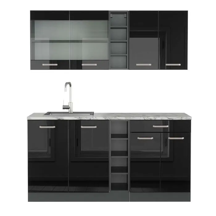 Vicco Cuisine Noir brillant/Anthracite 160cm, PT Marbre