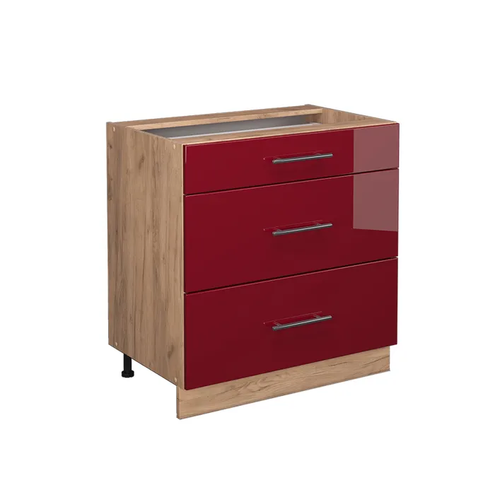 Vicco Meuble cuisine Rouge bordeaux Haute brillance 80cm avec 3 tiroirs, sans PT