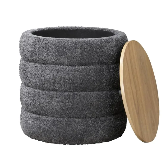 Arta - Pouf Coffre Effet Peau De Mouton Gris Foncé Et Bois