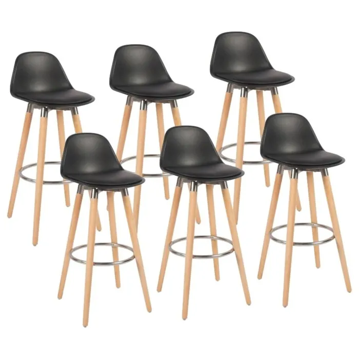 Lot 6 tabourets de bar noir pieds bois de hêtre 39,5 x 44 x 91 cm