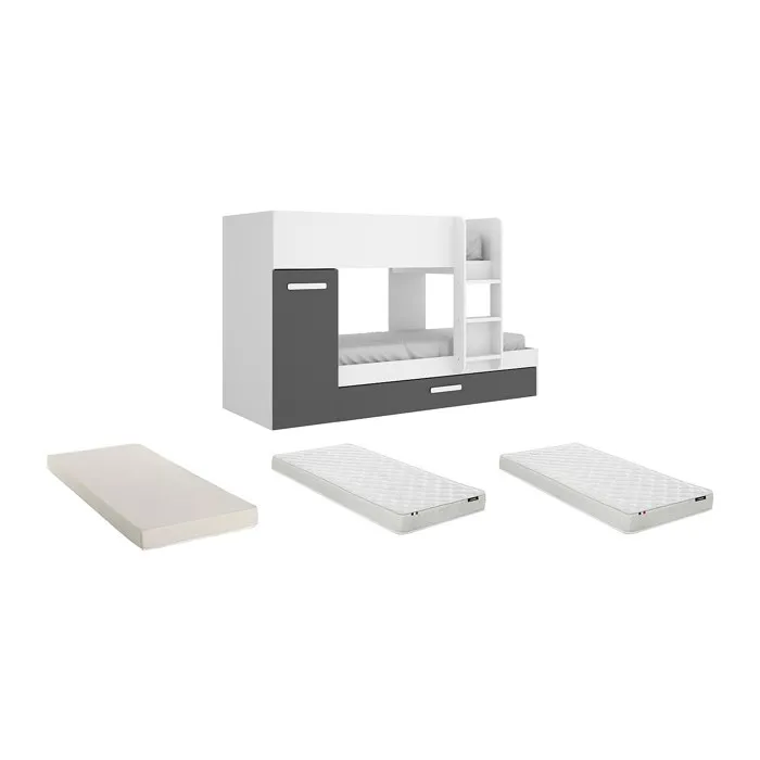 Lits superposés avec tiroir lit gigogne et rangements 3 x 90 x 190 cm - Anthracite et Blanc + matelas - ANTHONY