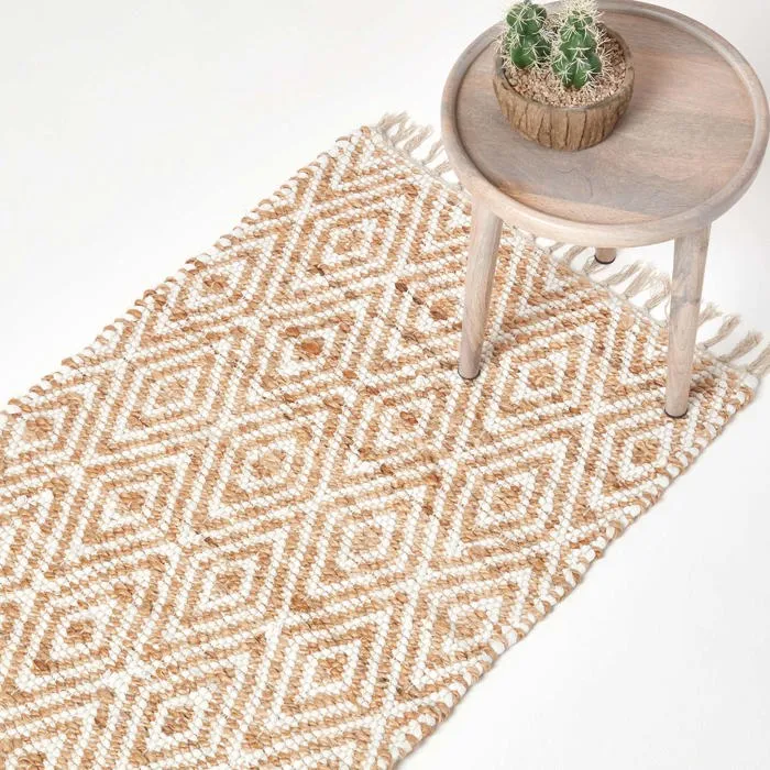 Tapis Chindi En Chanvre À Motif Losanges Beige Et Blanc Sierra 66x200cm - Homescapes