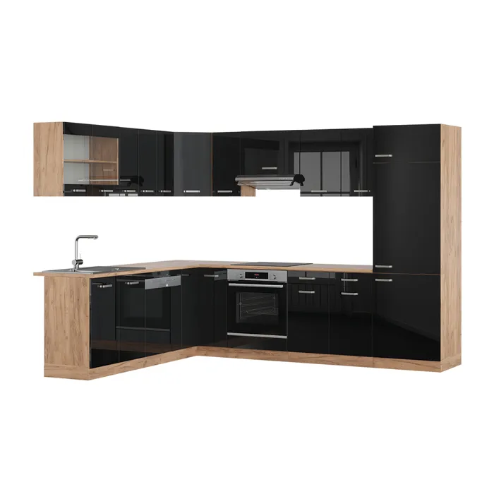 Vicco Cuisine en angle Noir Haute brillance/Chêne de force doré 287 x 227 cm sans PT
