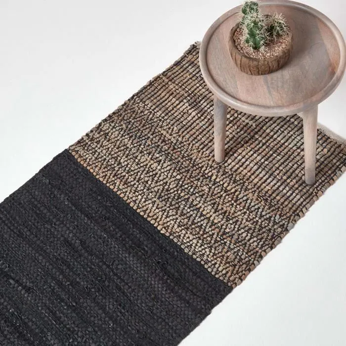 Tapis De Couloir En Cuir Recyclé Noir Et Beige À Motif Chevrons 66x200cm - Homescapes