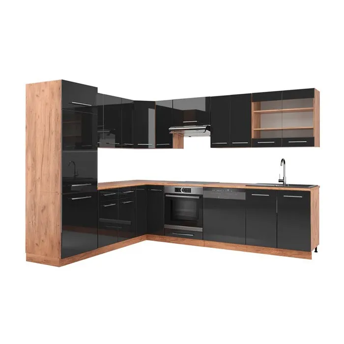 Vicco Cuisine en angle Anthracite Haute brillance/Chêne de force doré 287 x 227 cm, PT Chêne