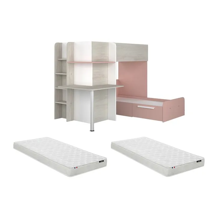 Lits superposés d'angle 2 x 90 x 190 cm - Avec bureau - Gris, blanc et rose + Matelas - SAMUEL