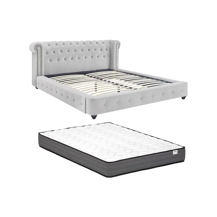 Lit chesterfield 180 x 200 cm - Velours - Gris clair + Matelas - TONGERLA