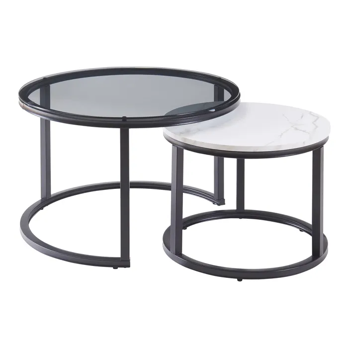 Set de 2 tables basses Kokkola gigognes verre fumé / effet marbre blanc en.casa