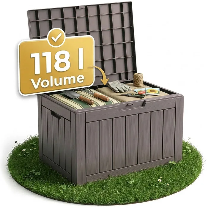 Floordirekt - Coffre De Jardin En Polypropylène 118l - Résistant Aux Intempéries - Aspect Bois Marron - Poignées Intégrées Pour Transport Facile