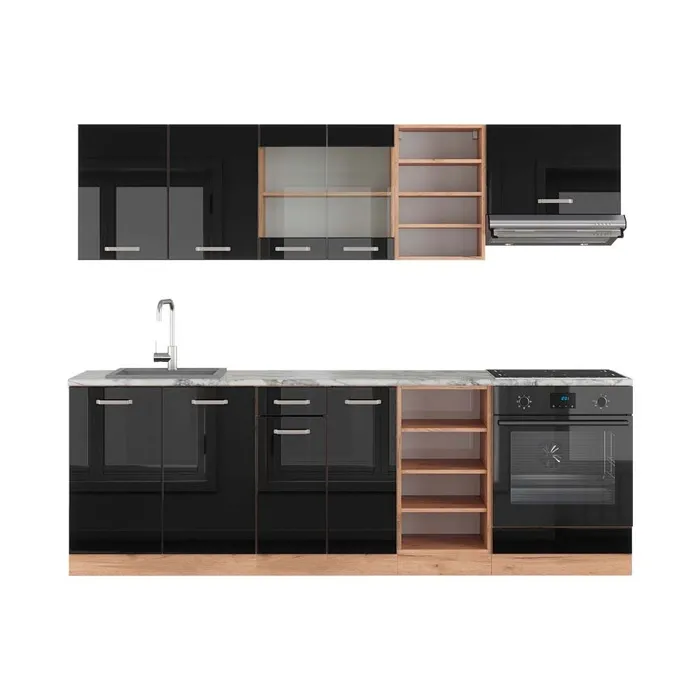 Vicco Cuisine Noir brillant/Chêne doré 240cm, PT Marbre