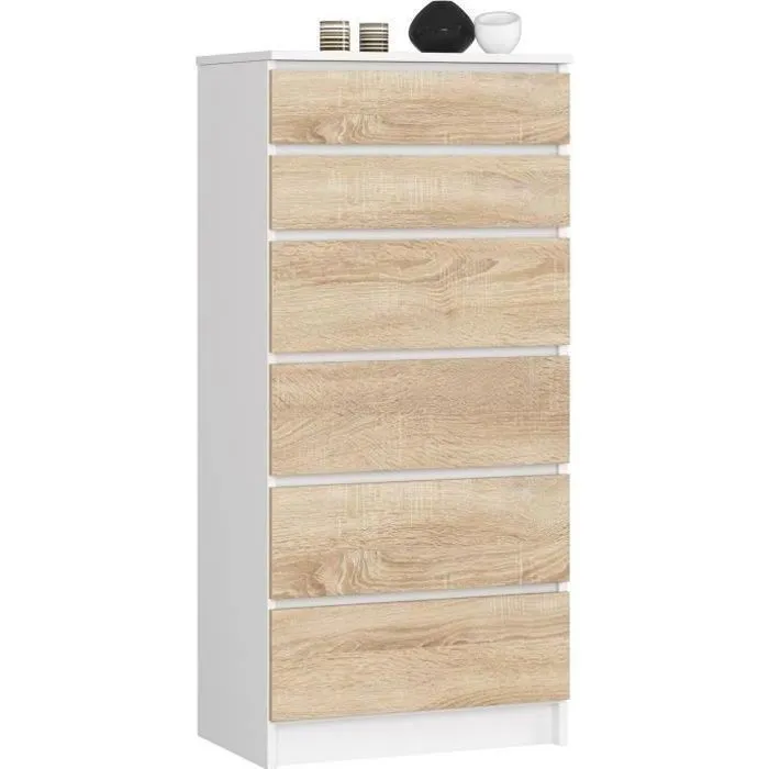 Commode AKORD K60 Blanche 60 cm 6 tiroirs façade Chêne Sonoma 60x40x130 cm