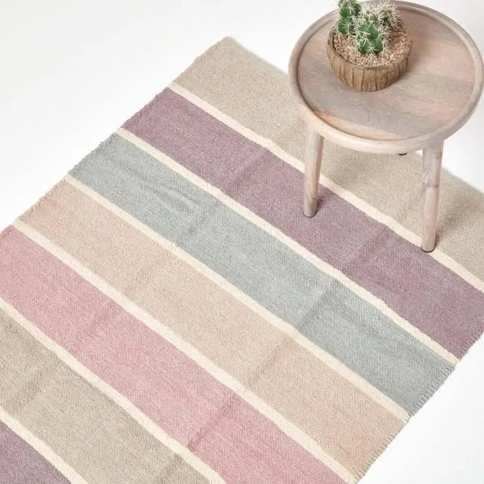 Tapis Rayé Coton Chenille Bleu Beige Pourpre Gris Naturel 110x170cm - Homescapes