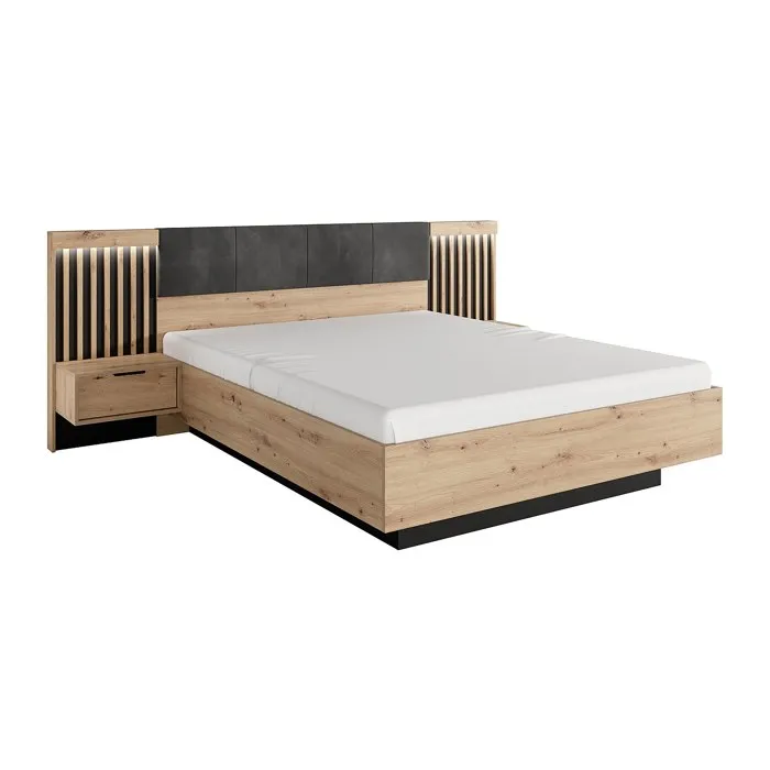 Lit avec chevets 160 x 200 cm - Avec LEDs - Coloris: Naturel et noir - ARIADA