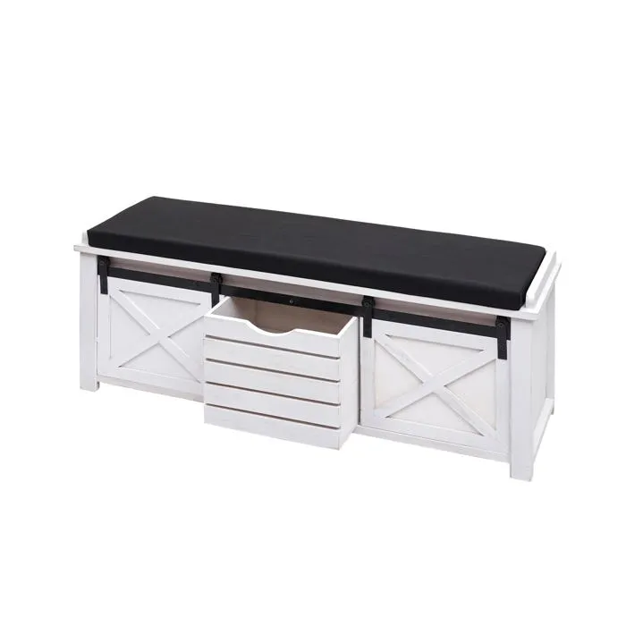 Banc Avec Compartiments De Rangement Banquette Rembourrée En Bois Massif Aspect Vintage 43x102x33cm Blanc 04_0001094