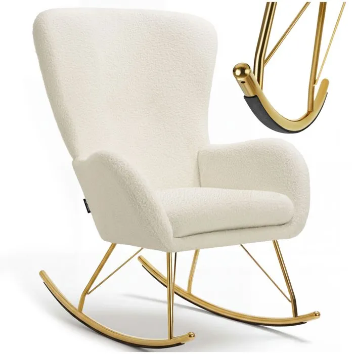 Fauteuil à bascule Rembourrage épais avec revêtement en tissu bouclé crème/or