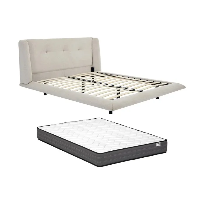 Lit 140 x 190 cm avec tête de lit capitonnée - Tissu - Beige + Matelas - PENAVI