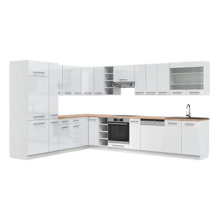 Vicco Cuisine en angle Blanc Haute brillance/Blanc 347 x 257 cm plan de travail Chêne doré