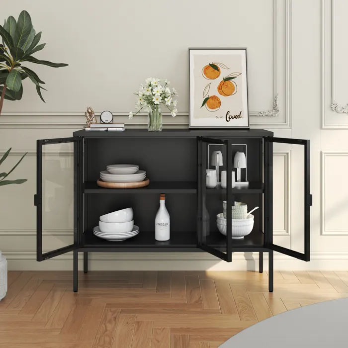Buffet vitrine Borshavisa acier verre trempé 80 x 100 x 35 cm noir en.casa