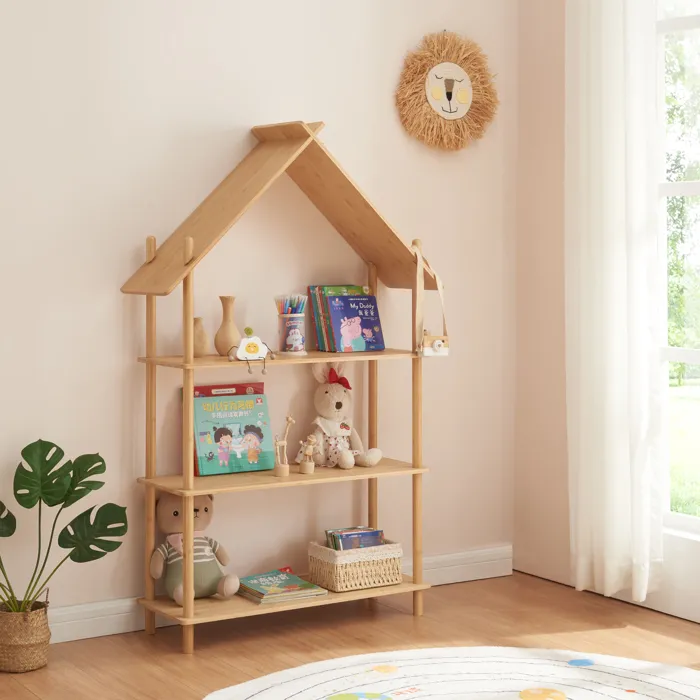 Bibliothèque à 3 niveaux pour enfant Hamaroey en forme de cabane bambou 137 x 90 x 30 cm naturel en.casa