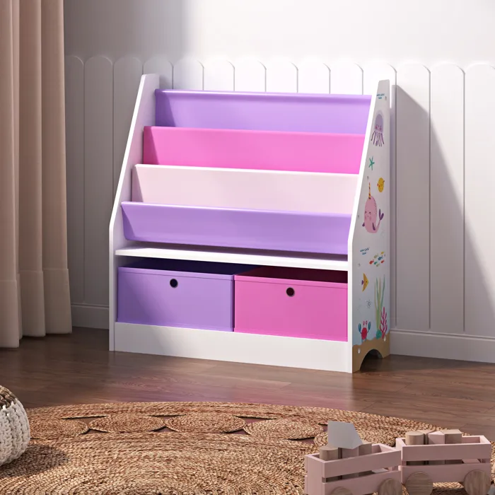 Étagère d'enfant Neda à 3 compartiments avec 2 boîtes 74 x 71 x 23 cm à motif océan en.casa