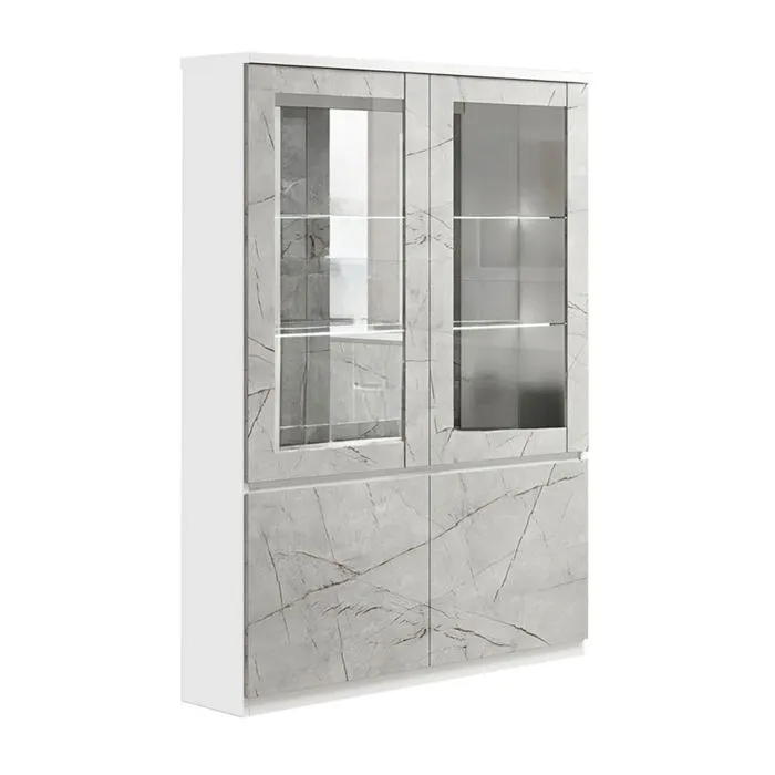 DEYTON - Vitrine 4 Portes Laquée Blanc et Gris Marbré avec Leds