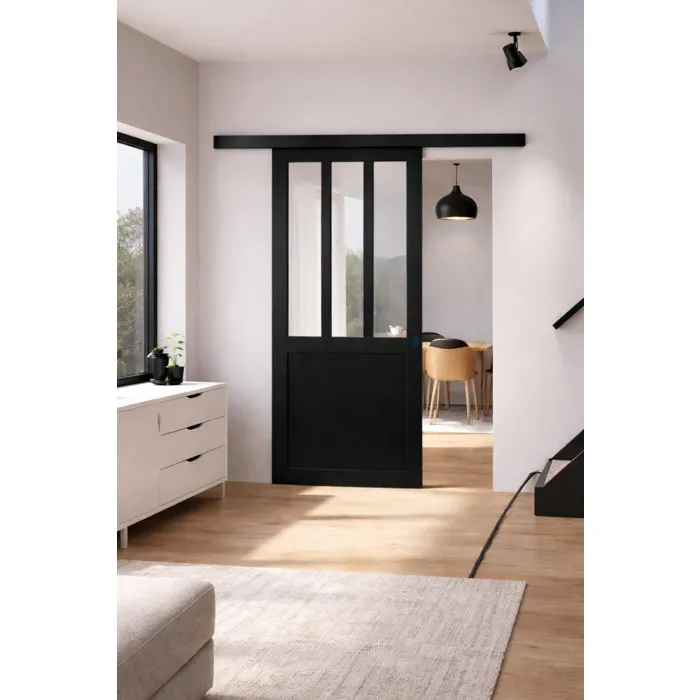 Porte Coulissante Atelier Noir H204 X L83 Cm, Rail Alu Bandeau Noir, Coquilles Noir Gd Menuiseries