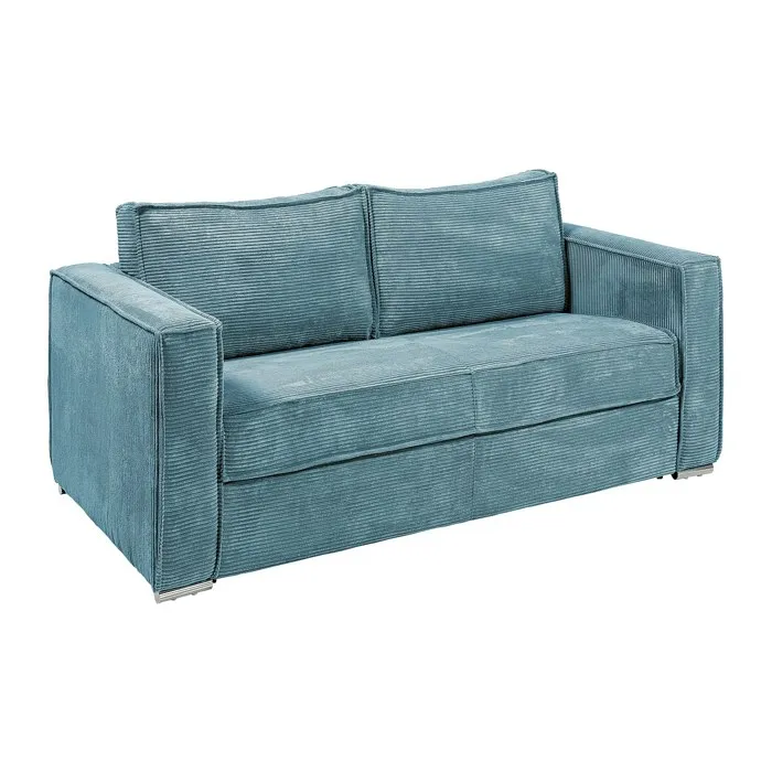 Canapé 3 places convertible express en velours côtelé bleu turquoise - Couchage 140 cm - Matelas 22 cm avec mémoire de forme