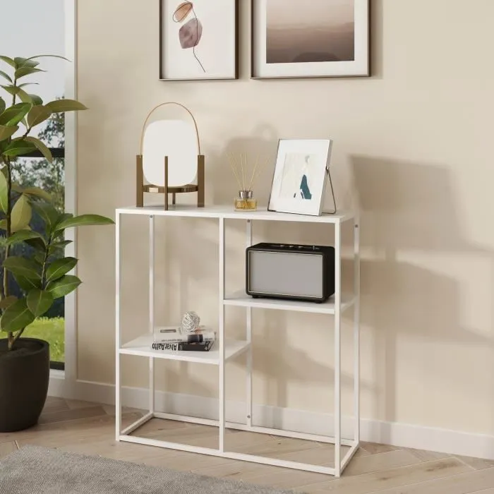 Table console Strömstad avec 3 surfaces de rangement acier 80 x 80 x 26 cm blanc mat en.casa