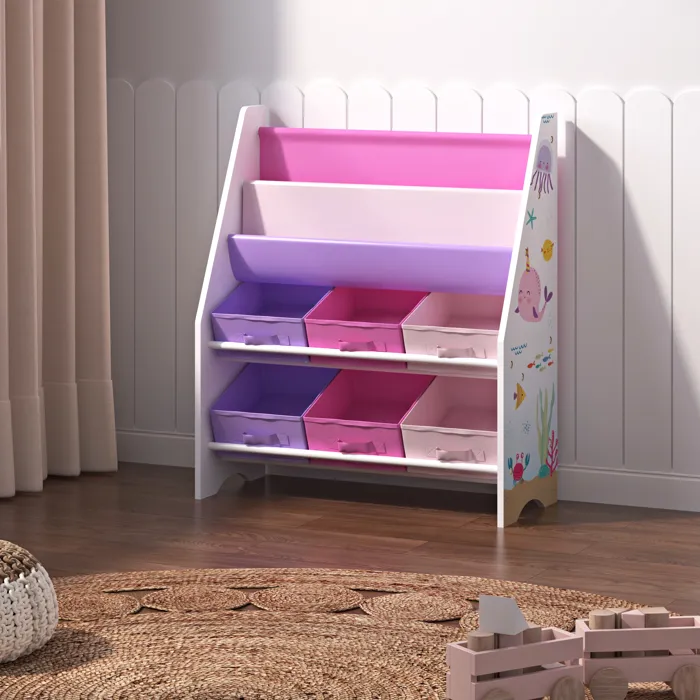 Étagère de rangement Ponteceso pour enfant avec 6 bacs ouverts blanc rose violet en.casa