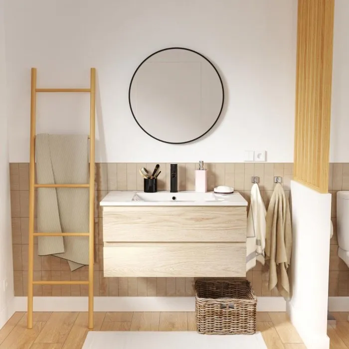 Meuble simple vasque SORRENTO 80cm décor chêne avec robinet et miroir