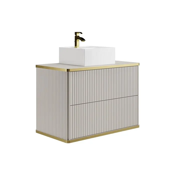 Meuble de salle de bain suspendu strié liseré doré avec vasque à poser carrée - Beige - 80 cm - KELIZA