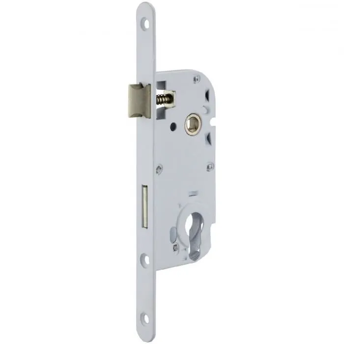 Serrure à larder à cylindre blanche axe 40 mm A encastrer réversible bouts ronds NF