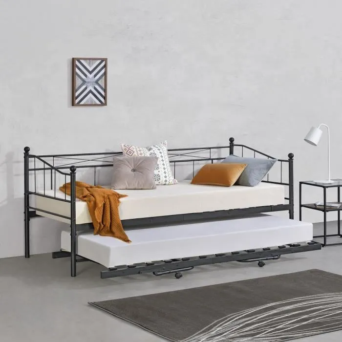 Cadre de Lit Gigogne en Métal Skutskär Noir 90x200cm en.casa