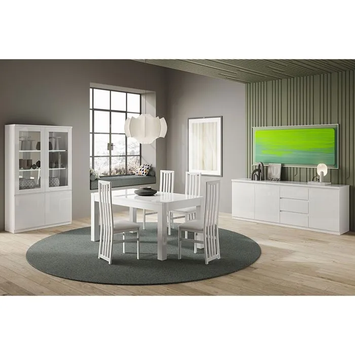 DEYTON - Ensemble Séjour Complet Laqué Blanc Table 160cm + Buffet + Vitrine avec Leds