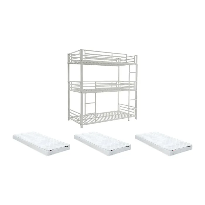 Lits superposés triple 3 x 90 x 190 cm - Métal - Blanc + Matelas - ELOUAN III