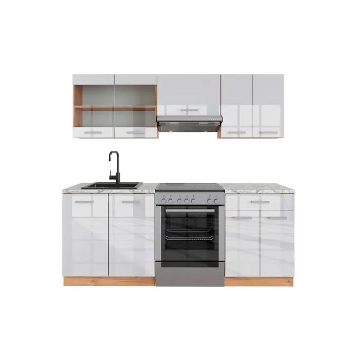 Vicco Cuisine Blanc brillant/Chêne doré 200cm, PT Marbre